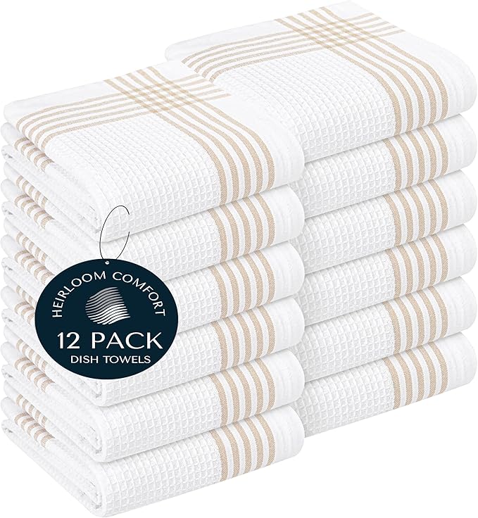 Beige and White Waffle Kitchen Towels 12 Pack, 100% Cotton, 16x26 Inch, Ultra Absorbent, Fast Dry Dish Towels, Reusable Dishcloths for Drying, Cleaning, Kitchen Use