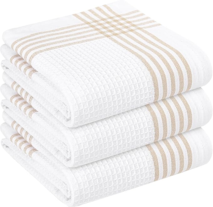 Beige and White Waffle Kitchen Towels 3 Pack, 100% Cotton, 16x26 Inch, Ultra Absorbent, Fast Dry Dish Towels, Reusable Dishcloths for Drying, Cleaning, Kitchen Use