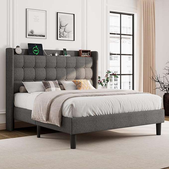 Queen Bed Frame, Upholstered Platform Bed with Charging Station, Modern Wingback Storage Headboard, Solid Wood Slats Support, No Box Spring Needed, Dark Gray
