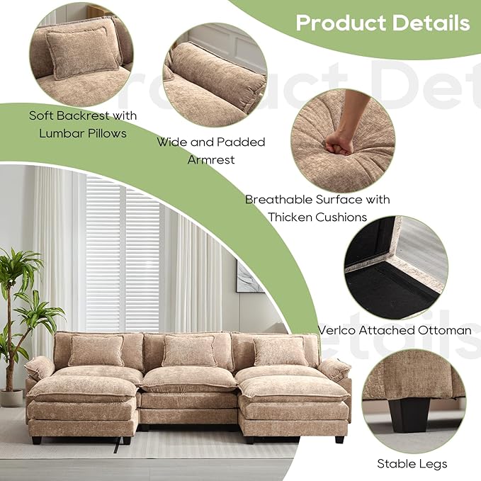 120" Modular Sectional Sofa, Comfy Cloud Couch Sectional Sofa with Ottoman, Chenille Sofa Sleeper Deep Seat Sofa with Throw Pillows for Living Room (Khaki, 120"- U Shape)