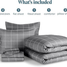 Bare Home Bed-in-A-Bag 7 Piece Comforter & Sheet Set - Queen - Track Stitch - Goose Down Alternative - Ultra-Soft 1800 Premium - Bedding Set (Queen, Modern Plaid - Grey/White)