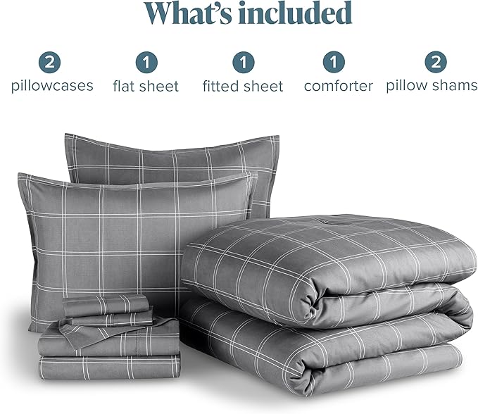Bare Home Bed-in-A-Bag 7 Piece Comforter & Sheet Set - Queen - Track Stitch - Goose Down Alternative - Ultra-Soft 1800 Premium - Bedding Set (Queen, Modern Plaid - Grey/White)