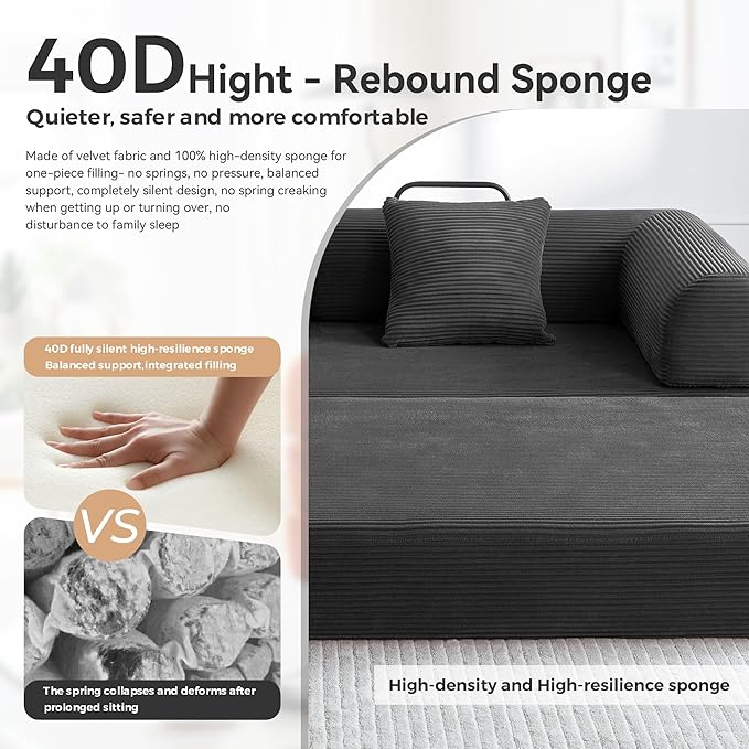 Convertible Sleeper Bed with Cylindrical Pillow, Comfy Foldable Bed Compressed Sofa in Box, Floor Sofa Lounge Couch for Living Room Bedroom Lounge Studio, Tool-Free Assembly (Black)