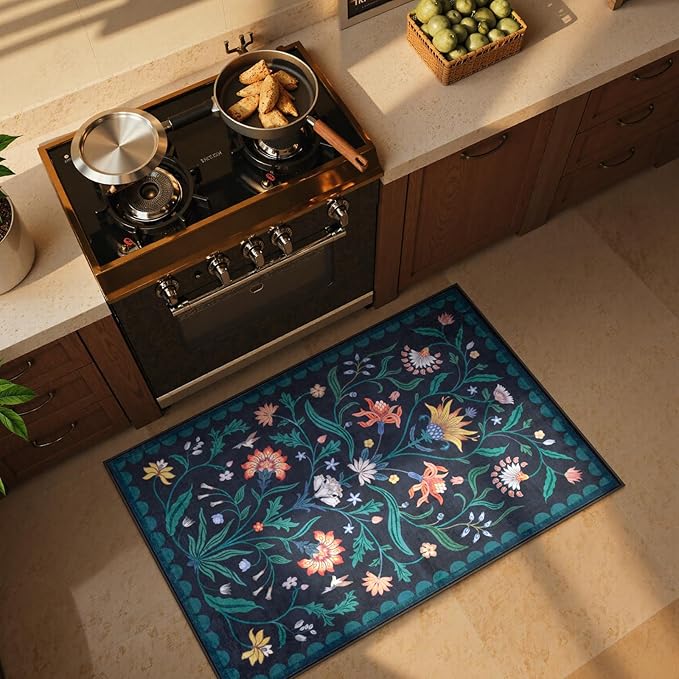 Lahome Boho Floral 2x3 Washable Kitchen Rugs for Entryway, Blue Door Mat Indoor Entrance, Small Soft Non-Slip Indoor Carpet Throw Rugs for Bathroom Laundry(Dark Blue,2x3)