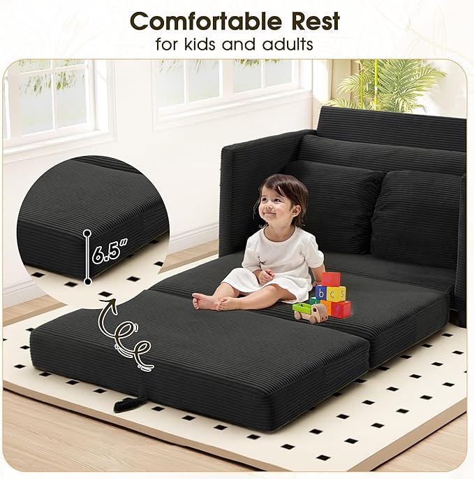 51" Convertible Loveseat Sofa Bed, 2-in-1 Folding Sofa Bed with 2 Pillow for Small Spaces, Modern Loveseat Sleeper Couch for Apartment, Living Room & Guest Room (Black Corduroy, 51 inch)