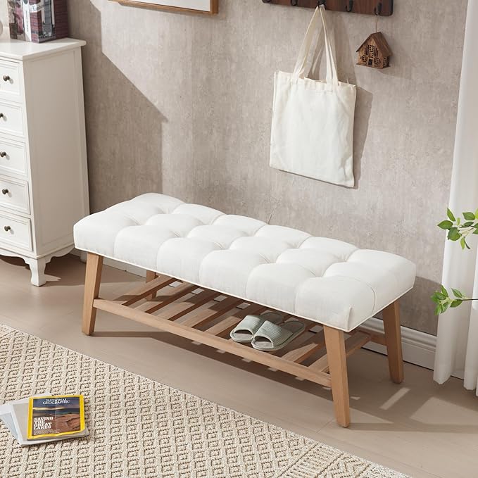 Kmax Entryway Bench with Shoe Storage, Upholstered Wood Storage Bench for Living Room Window Bench for Bedroom End of Bed - Linen, Beige