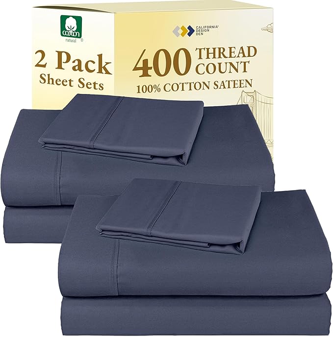 California Design Den 2-Pack Twin Sheets Set - 400 Thread Count 100% Cotton Sateen - Soft and Breathable Sheets, 2 Sets of Deep Pocket Bed Sheets - Indigo Dusty Blue CaliforniaDesignDen