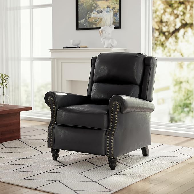 Faux Leather Recliner Chair, Modern Pushback Armchair with Adjustable Backrest & Footrest for Bedroom, Living Room, Black, Set of 1
