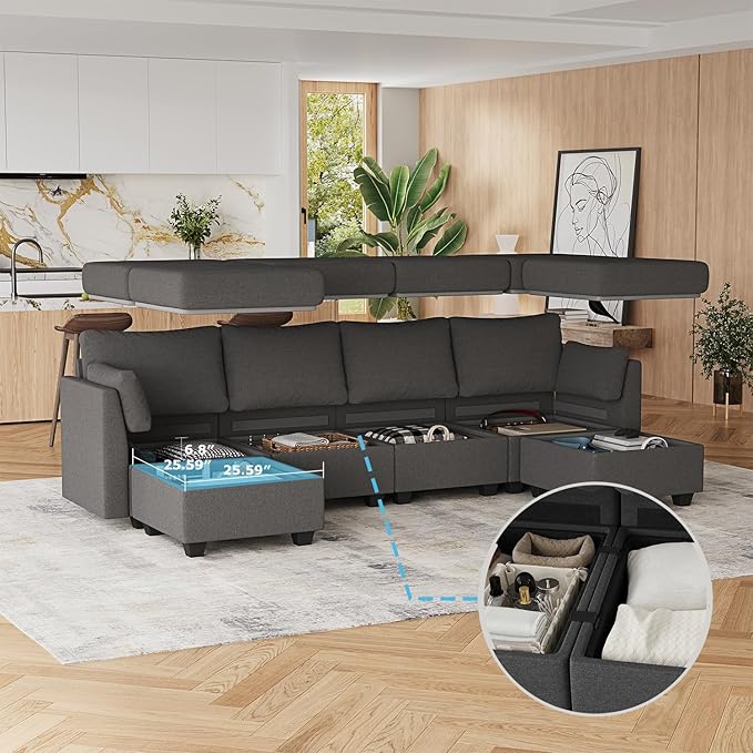 114.17" Modular Sectional Sofa, 6 Seat Modular Couch with Storage, Memory Foam, Convertible Sectional Couches for Living Room, U Shaped Comfy Modular Sofa with Chaise, Dark Grey