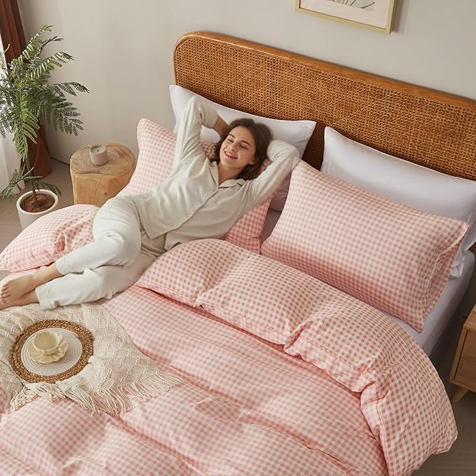 Gingham Duvet Cover Set Queen 3 Pieces Pink White Plaid Checkered Comforter Cover Reversible Microfiber Washed Cotton Bedding Zipper Ties 2 Pillowcases Breathable Soft Farmhouse Style Cozy Decor