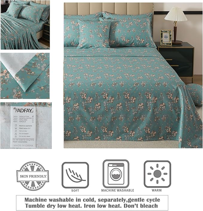 FADFAY 100% Percale Cotton Sheets Set - Vintage Floral & Butterfly Print Bedding - Crisp, Breathable Teal Aqua 4 Piece Sheet Set with Deep Pocket, King Size