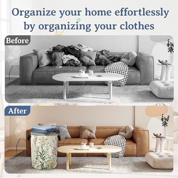 Wildflowers Laundry Hamper With Handle,Foldable Oxford Cloth Vintage Herb Flower Botanical Laundry Basket,20.8"x16" Clothes Storage Basket for Laundry Room/Bedroom/Bathroom