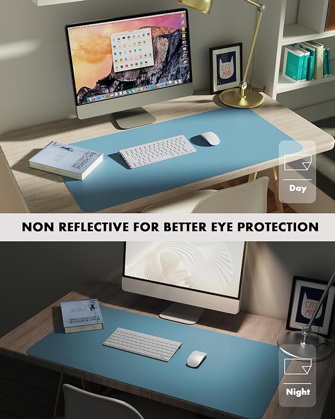 YSAGi Double-Sided Desk Pad, 35.4"x17"Leather Desk Mat, Eco Cork Desk Pad Protector,Large Mouse Pad,Waterproof Desk Blotter for Office/Home(Sea Blue)