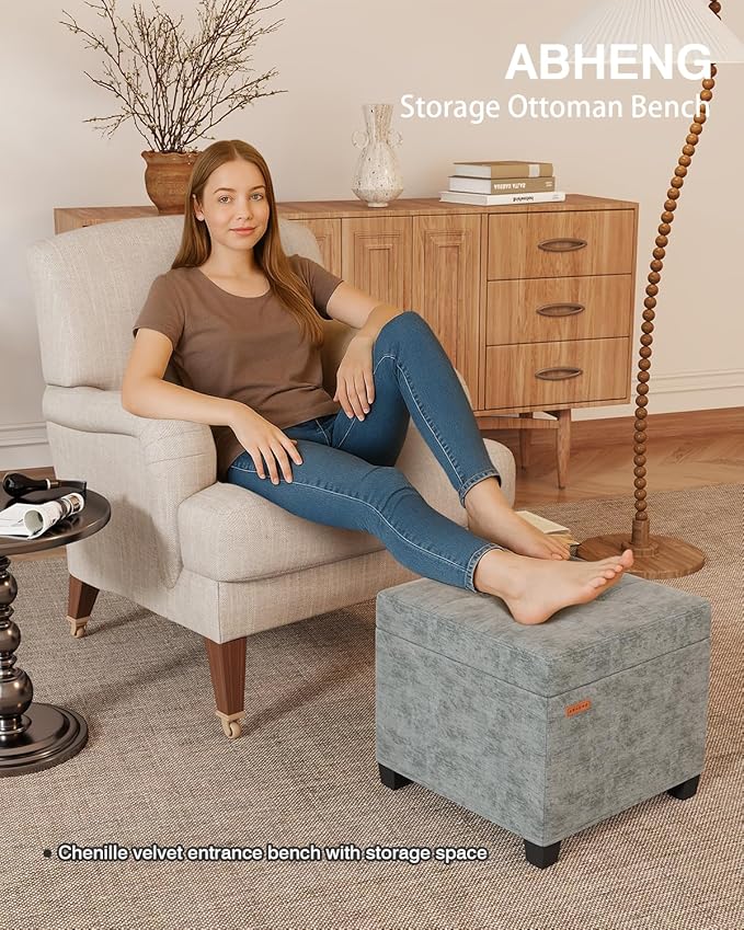 17.7 inches Chenille turfed Ottomans Cube with Storage, Metal-Framed Square Storage Ottoman Foot Rest Stool Holds 770 LB for Dorm Living Room Bedroom Gray UASN641G