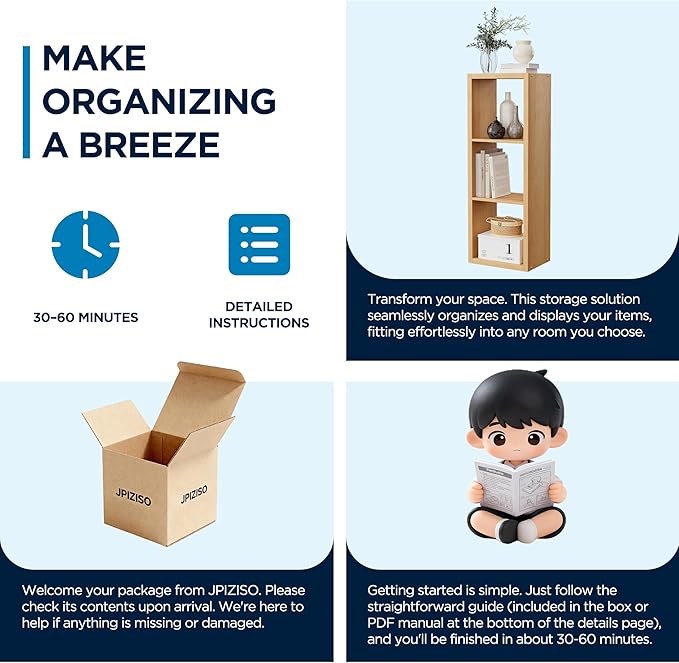 3 Cube Storage Organizer Single Row, Cube Shelf with Heavy-Duty Thick Boards, 13.31"L x 9.37"W x 36.93"H, Smooth Easy-Clean Panels, Simple Assembly, for Living Room Bedroom Office, Natural-Oak