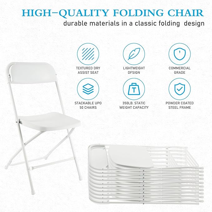 10 Pack White Plastic Folding Chairs for Outside, Portable Stackable Commercial Metal Foldable Chairs with Steel Frame for Home Events Office Wedding Party, 350lbs Capacity