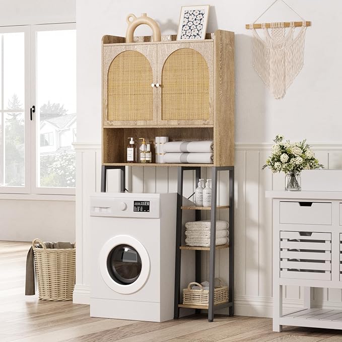 Rattan Over The Toilet Storage Cabinet with Adjustable Shelf and Large Space, Bathroom Organizers and Storage Over Toilet with Rattan Door, Metal Stand, Tall Storage Shelves Above Toilet, Natural
