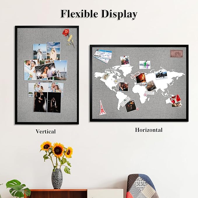 Bulletin Board 48 x 36 Inch, Cork Board for Walls, Wood Framed Bulletin Boards with Grey Canvas, Wall Mounted Corkboard for Office School Home Decorative