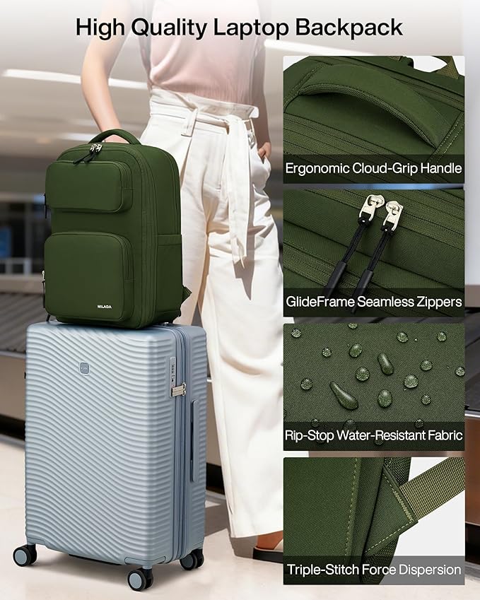 MILADA Expandable Travel Backpack 28L to 39L, TSA-Approved Carry On Backpack with 17 Inch Laptop Compartment, School Business Work Backpack for Men & Women, Green