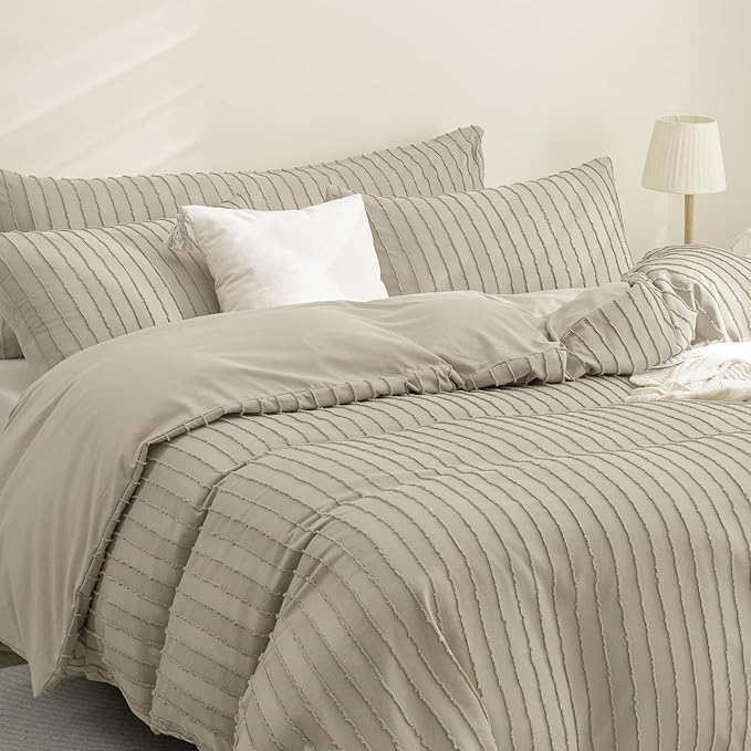 JELLYMONI Duvet Cover Queen Size Khaki - 3PCS Boho Striped Duvet Cover Set Polyester Tufted Bohemian Textured Comforter Cover 90×90in with Corner Ties & Zipper and 2 Pillowcases