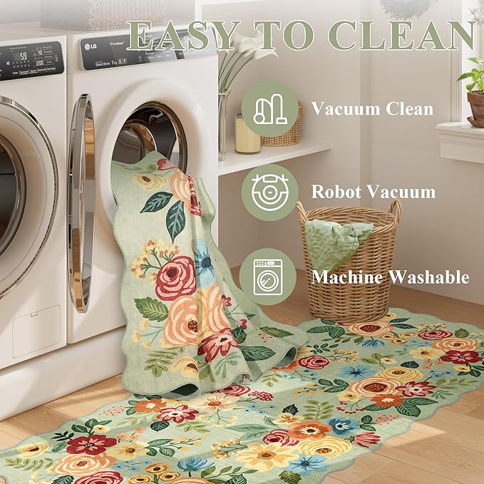 DUKINO 2.6x8 Runner Rug for Hallway, Washable Kitchen Rug with Non Slip Backing & Non-Shediing, Soft Low Pile Floral Design Runner for Bedroom, Kithchen, Living Room, Laundry, Bathroom, Green