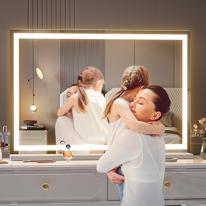 Hasipu Vanity Mirror with Lights and Bluetooth Speaker, 37" x 25.6" LED Makeup Mirror, Lighted Makeup Mirror with Dimmable 3 Modes, Touch Screen Control Vanity Mirror Square White