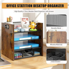 Wood Desk Organizer - 4-Tier Desktop File Organizer with Drawer, Wooden Paper Tray, Office Desk Organizer for Papers, Mail, Notebooks, Stationery