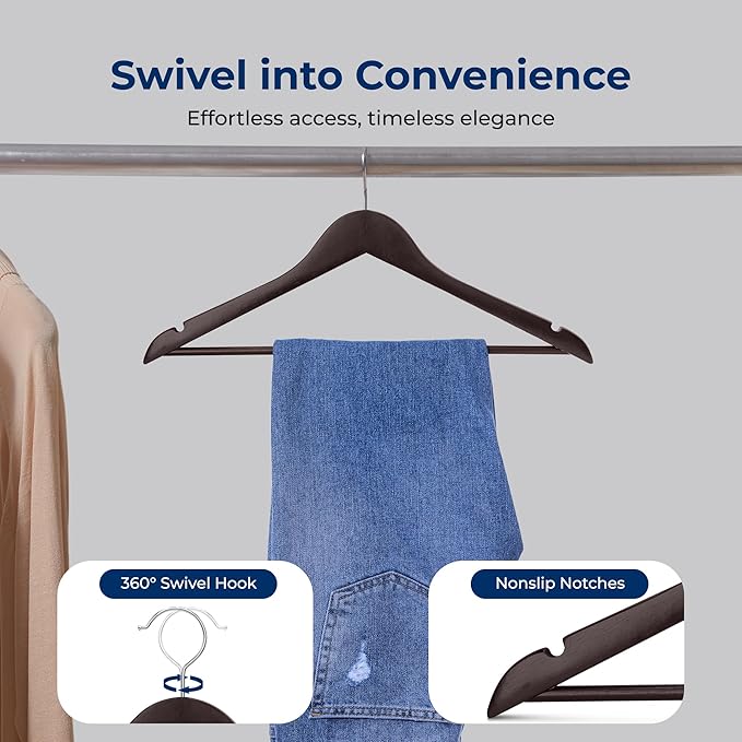 SereneLife Premium Wooden Hangers 50 Pack, Heavy Duty & Durable Coat Hanger, Wood Hanger with 360-Degree Swivel Hook, Clothes Hangers with Non-Slip Shoulder Notches for Shirts & Coats (Brown)