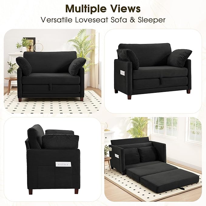51" Convertible Loveseat Sofa Bed, 2-in-1 Folding Sofa Bed with 2 Pillow for Small Spaces, Modern Loveseat Sleeper Couch for Apartment, Living Room & Guest Room (Black Corduroy, 51 inch)