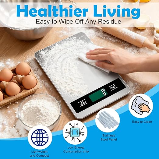 Food Scale Grams and Ounces - Digital Kitchen Scale 33lb/15kg, 1g/0.1oz Accuracy, Stainless Steel, Lightweight, with Batteries, for Cooking, Baking, Meal Prep