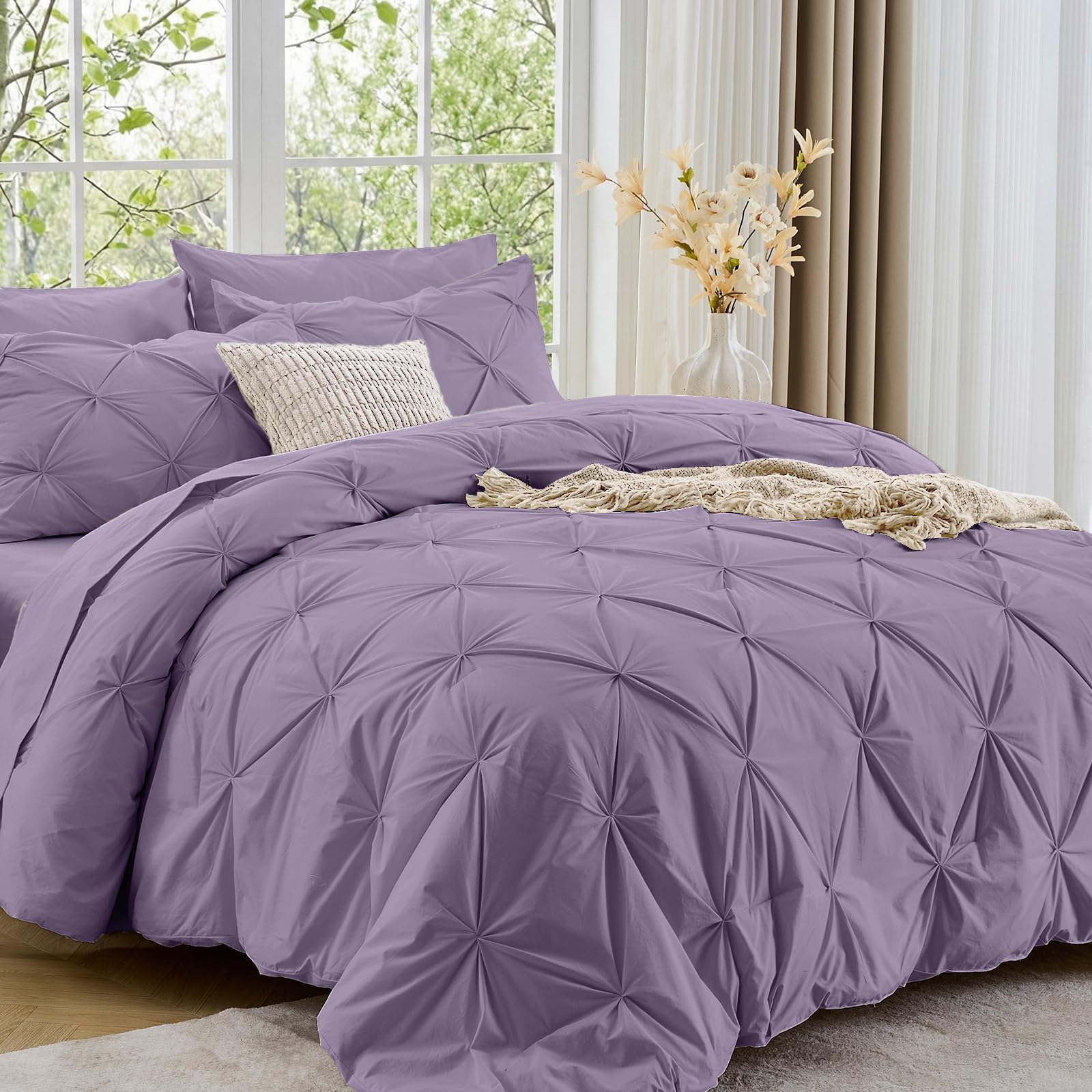 Sasttie Twin XL Comforter Set, 5-Piece Bed in a Bag, Pintuck Bedding Sets for All Season, Includes Comforter, Flat Sheet, Fitted Sheet, Pillowcase and Pillowsham, Beige