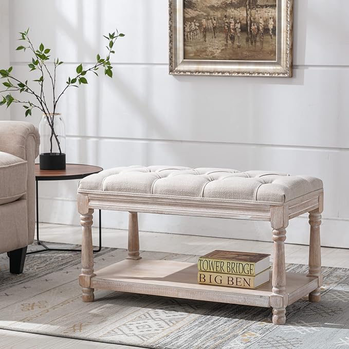 chairus Storage Bench 31.5" W Button Tufted Small Entryway Bench with Wooden Shoes Rack End of Bed Bench with Fabric Linen Upholstered Rectangular Seat for Bedroom Hallway Small Space, Beige