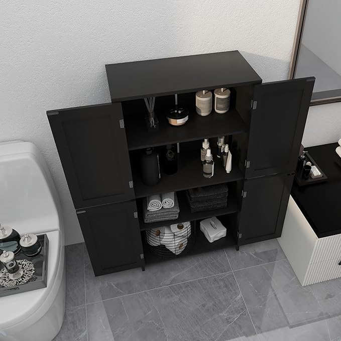 TaoHFE 2 Tier Bathroom Storage Cabinet,Wood Bathroom Cabinets Freestanding with 4 Door Organizers Storage with Adjustable Shelves, Storage Cabinet for Living Room, Laundry Room, Black