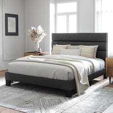 Allewie Queen Size Platform Bed Frame with Fabric Upholstered Headboard and Wooden Slats Support, Fully Upholstered Mattress Foundation/No Box Spring Needed/Easy Assembly, Dark Grey