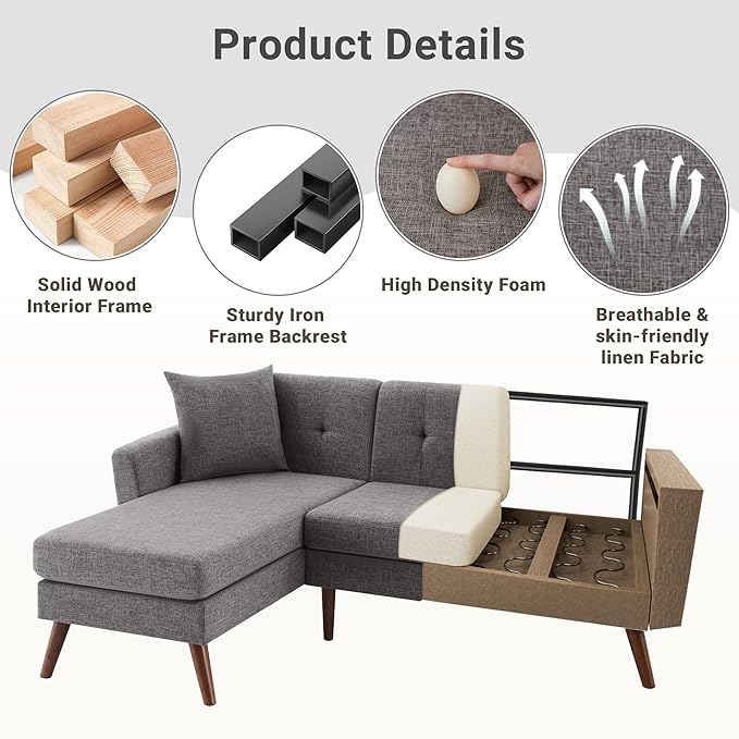 Tbfit L Shaped Couch Sofa, 80" W Mid-Century Modern Sectional Couches, 3 Seater Sofas with Wide Chaise Lounge, Button Tufted Upholstered Sectional Sofa for Living Room, Bedroom, Gray