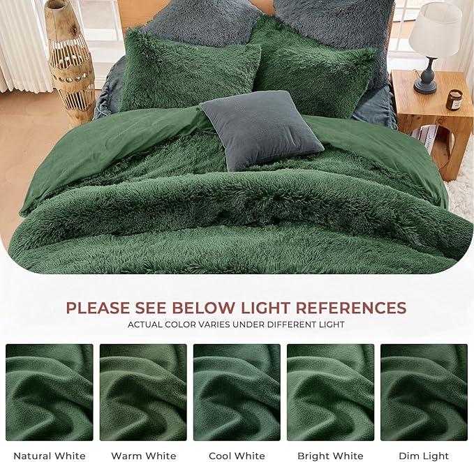 Sasttie 3-Piece Fluffy Duvet Cover Queen, Ultra Soft Faux Fur and Velvet Sage Comforter Cover, Luxury Fuzzy Bedding Sets for Winter Bed, Includes 1 Duvet Cover and 2 Pillowcases, No Comforter