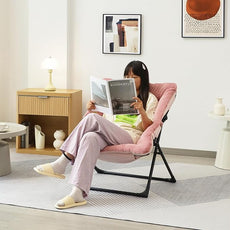 Comfy Saucer Chair for Adults, Soft Faux Fur Bedroom Chair with Ottoman, Accent Dorm Chairs, Living Room Reading Chairs and Footstool, Folding Lounge Seat for Teens, X-Large, Dusky Pink