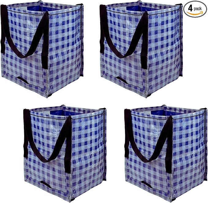 DURASACK Heavy Duty Storage Tote Bag 22-Gallon Rugged Woven Polypropylene Moving Bag, Reusable Self-Standing Design, Holds up to 500 Pounds, Pack of 4, Gingham Blue