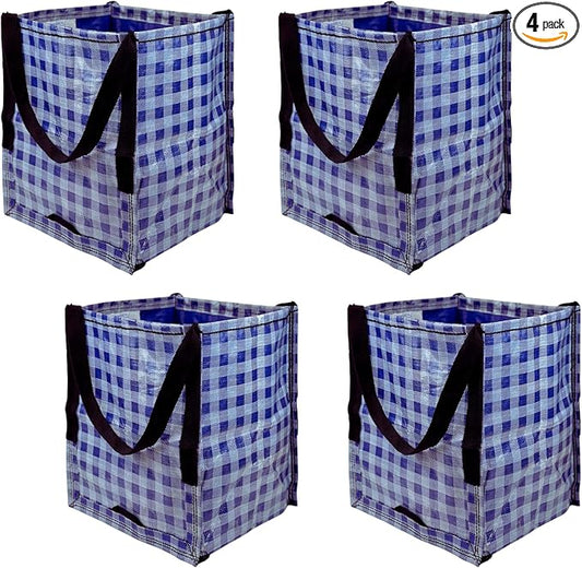 DURASACK Heavy Duty Storage Tote Bag 22-Gallon Rugged Woven Polypropylene Moving Bag, Reusable Self-Standing Design, Holds up to 500 Pounds, Pack of 4, Gingham Blue