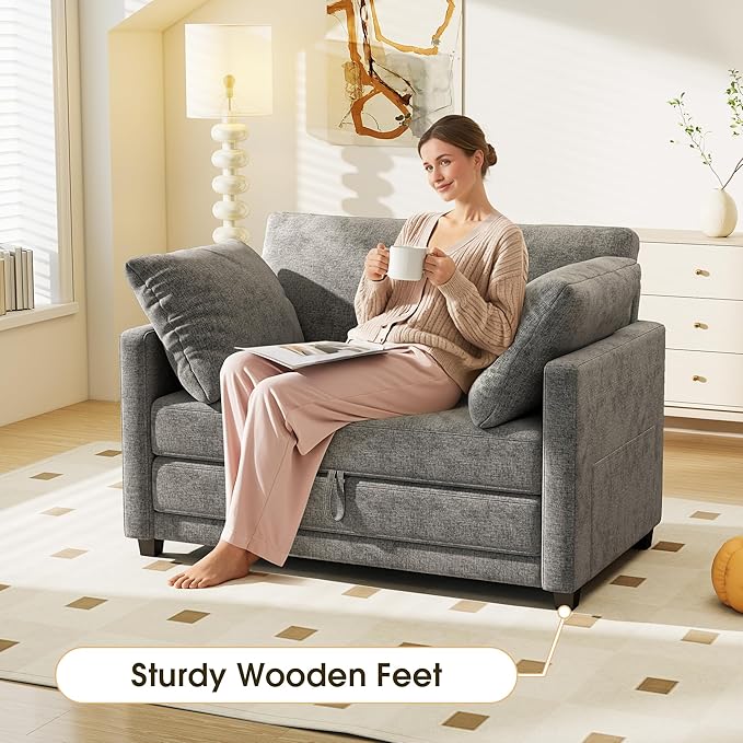 51" Convertible Sofa Bed, 2 in1 Folding Sofa Bed, Loveseat Sleeper Sofa for Small Spaces, Fold Out Floor Couch with 2 Pillows for Apartment, Living Room & Guest Room, Grey Chenille Fabric