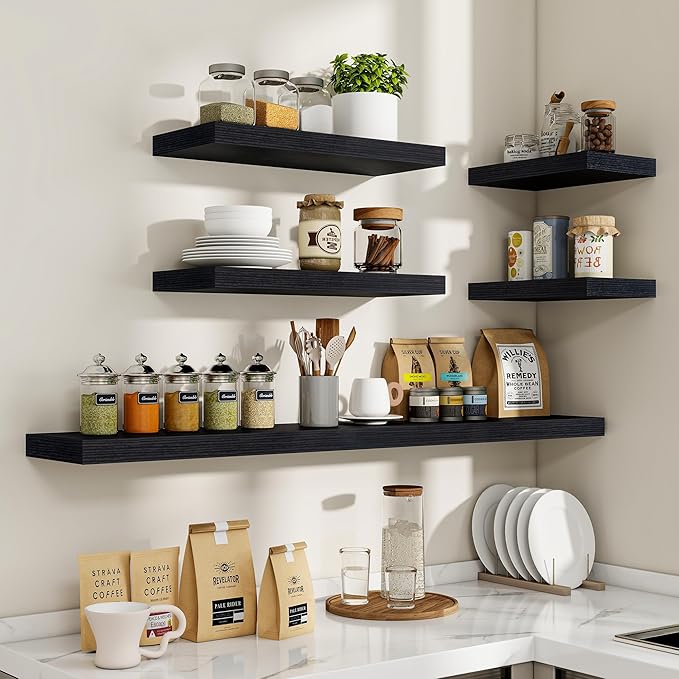 36 Inch Floating Shelves, 36"x9.25"x1.5" Inch Deep Floating Shelves for Wall, Wooden Shelves for Bathroom, Bedroom, Living Room, Black, 2 Pieces