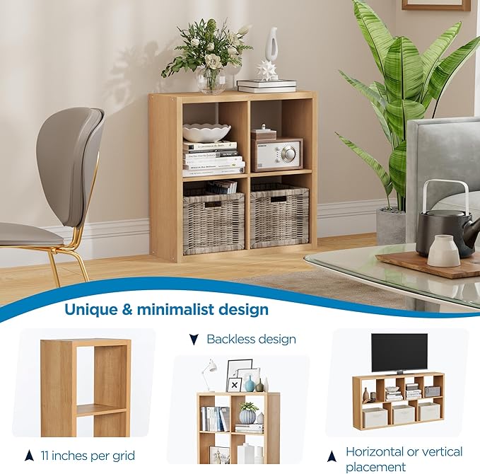 4 Cube Storage Organizer, 2x2 Cube Bookshelf, Cubby Storage Shelf, Wooden Organizer Shelf with Thickened Boards, for Closet Bedroom Home Office Living Room, 25.12" L x 9.37" W x 25.12" H, Natural-Oak