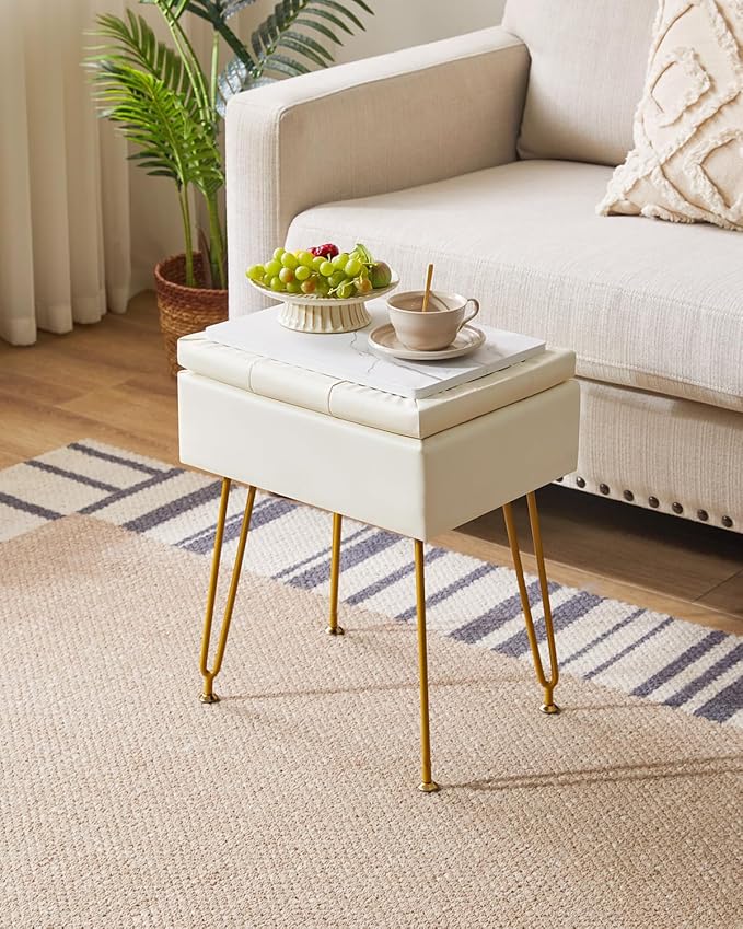 IBUYKE Multifunctional Storage Vanity Stool with Flip Tabletop, Adjustable Metal Legs & PU Leather - 40x30x48cm Ottoman Footrest for Makeup, Living Room, Entryway, White WBD014W