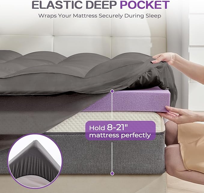 SINWEEK Dual Layer 5 Inch Memory Foam Mattress Topper Queen Size, 3 Inch Gel Memory Foam Plus 2 Inch 1450 GSM Down Alternative Quilted Pillow Top Mattress Pad Cover, Dark Gray