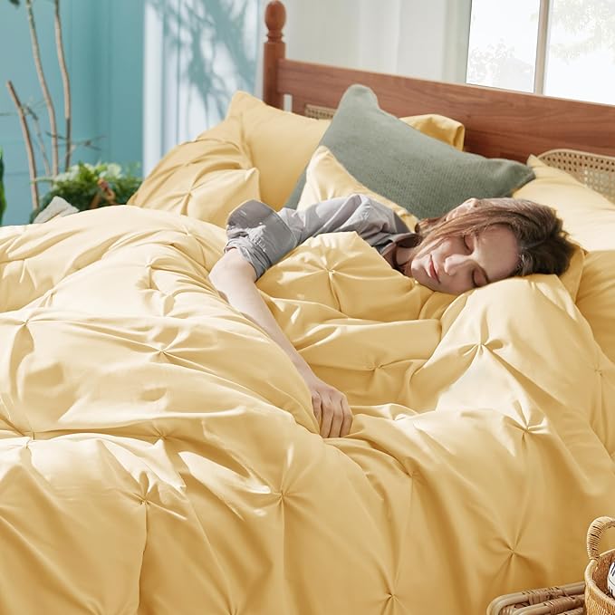 Bedsure King Size Comforter Set Yellow - Bed in a Bag Bedding Set 7 Pieces, GentleSoft™ Pintuck Bed Set Gift for Family, Pinch Pleat Yellow Comforter with Sheets, Pillowcases & Shams