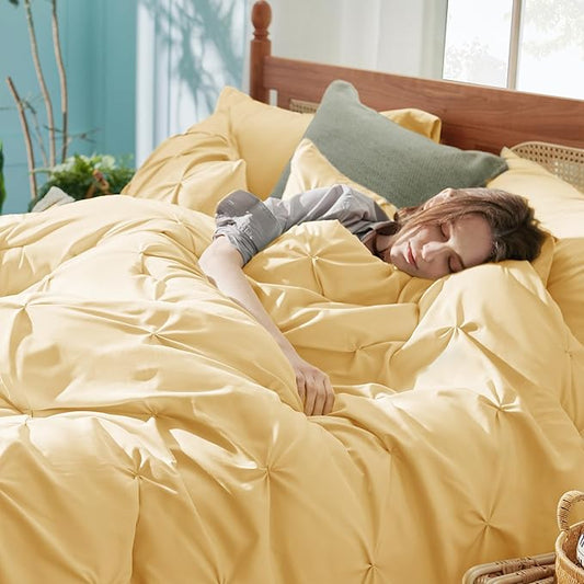 Bedsure King Size Comforter Set Yellow - Bed in a Bag Bedding Set 7 Pieces, GentleSoft™ Pintuck Bed Set Gift for Family, Pinch Pleat Yellow Comforter with Sheets, Pillowcases & Shams