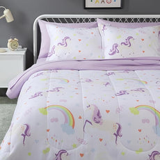 Amazon Basics Microfiber Kids' Bed-in-a-Bag 7-Piece Bedding Sheet and Comforter Set, Full/Queen, Unicorn Print