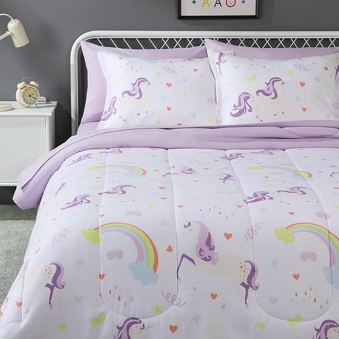 Amazon Basics Microfiber Kids' Bed-in-a-Bag 7-Piece Bedding Sheet and Comforter Set, Full/Queen, Unicorn Print