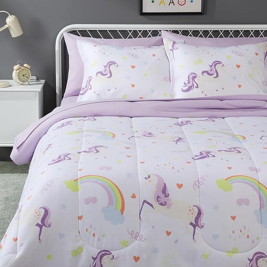 Amazon Basics Microfiber Kids' Bed-in-a-Bag 7-Piece Bedding Sheet and Comforter Set, Full/Queen, Unicorn Print