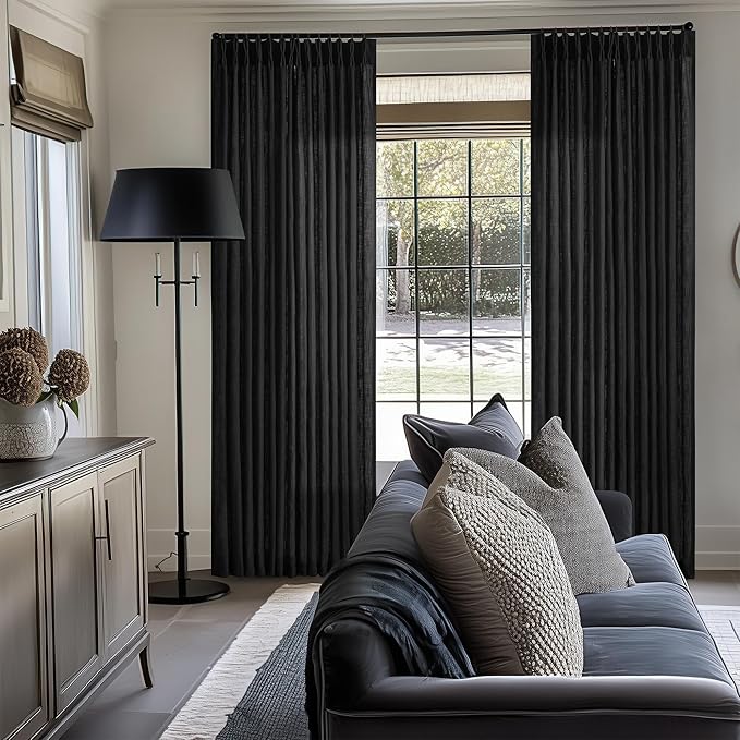 Black Linen Curtains Pinch Pleated 84 Inches Long for Living Room Bedroom Pleat with Rings Back Tab Semi Sheer Curtains 84 Inch Length 2 Panels Set Light Filtering Farmhouse Rustic Drapes